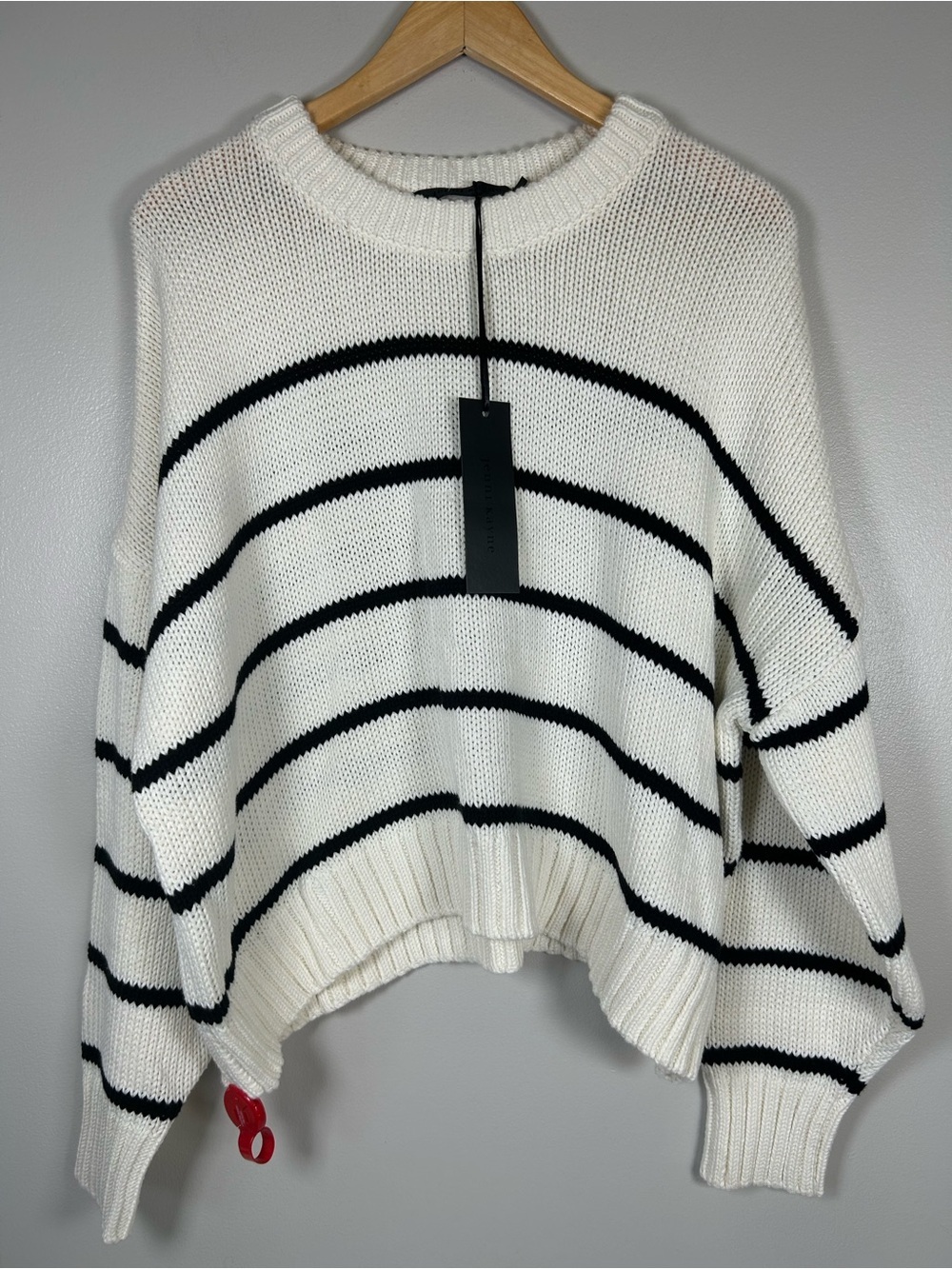 Jenni Kayne Chloe Striped 100% Cotton Crewneck Sweater Ivory Black NWT